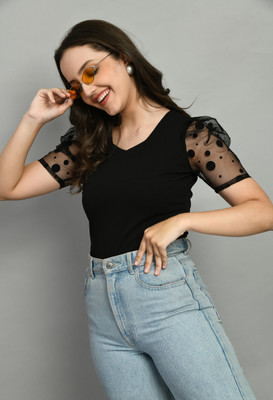 IUGA Casual Solid Women Black Top
