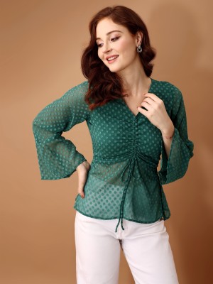 FashFun Casual Self Design Women Dark Green Top