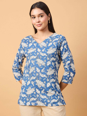 Neesh Casual Printed Women White, Grey, Light Blue Top