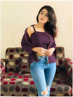 IQQA AZZU FASHIONS Casual Self Design, Solid Women Purple Top