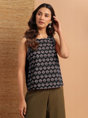 Janasya Casual Floral Print Women Black Top