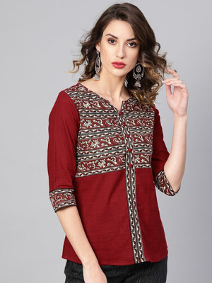 Yash Gallery Casual Regular Sleeve Printed Women Maroon Top