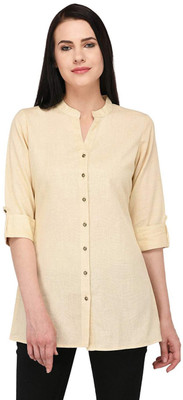 Vastraa Fusion Casual 3/4 Sleeve Solid Women Beige Top