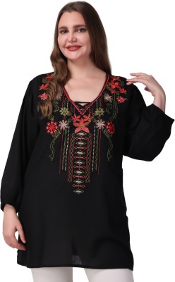 VAAMII Casual Embroidered Women Black Top