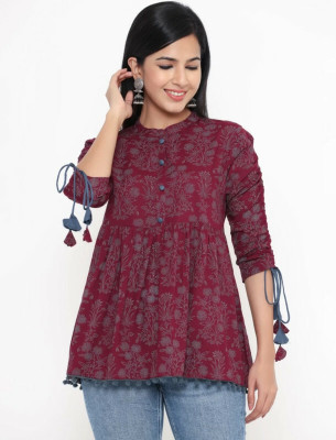 RAJBHARAT Casual Printed Women Maroon, Grey Top