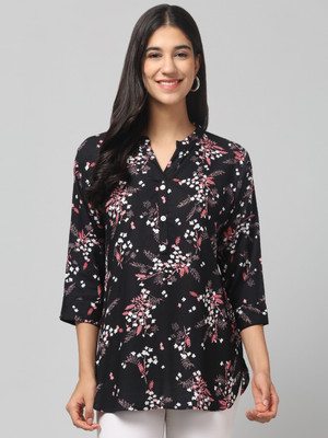 TrendieCreation Casual Floral Print Women Black Top