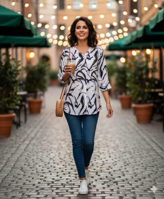 progreto Casual Floral Print Women White, Black Top