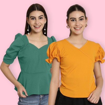 Tromko Casual Solid Women Green, Yellow Top