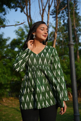 Rangmanch Fashion Casual Printed Women Dark Green Top