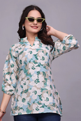 HouseOfCommon Casual Floral Print Women Light Blue Top
