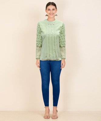 FashionCreation Casual Self Design Women Light Green Top