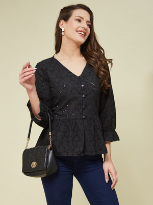 J TURRITOPSIS Casual Embroidered Women Black Top