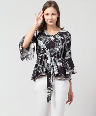 Hive91 Casual Ruffled Sleeve Floral Print Women Black Top