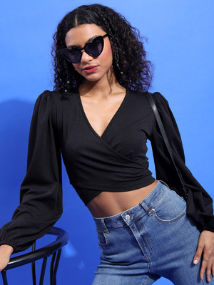 Tokyo Talkies Casual Solid Women Black Top