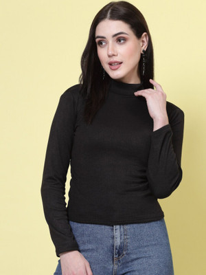 Fashionown Casual Solid Women Black Top