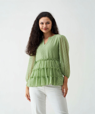 AASK Casual Self Design Women Light Green Top