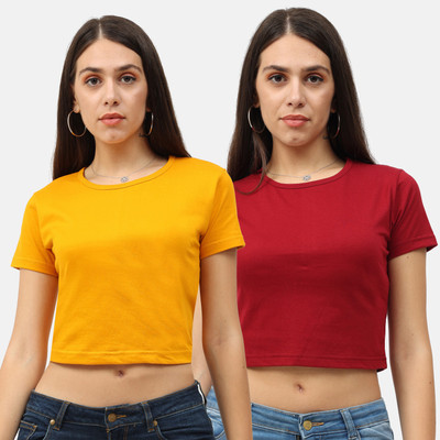 Fleximaa Casual Solid Women Maroon, Yellow Top