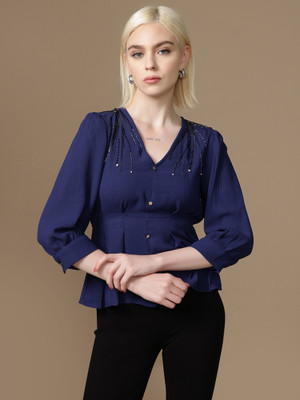 KAZO Party Solid Women Dark Blue Top
