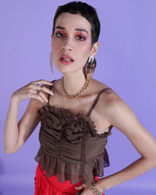 Fiorenza Party Solid Women Brown Top
