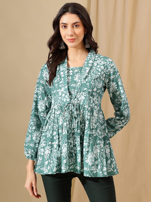 Janakdulari Creation Party Printed Women Green Top