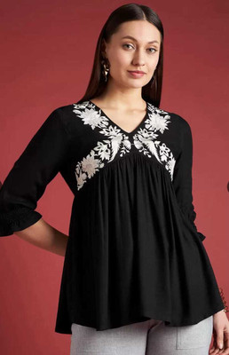 SORTHIYA GROUP Casual Embroidered Women Black Top