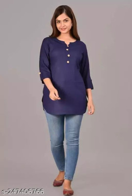 AYUB Casual Solid Women Dark Blue Top