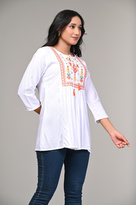 khwaishein Casual Embroidered Women White Top