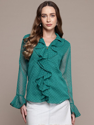 bebe Casual Self Design Women Green Top