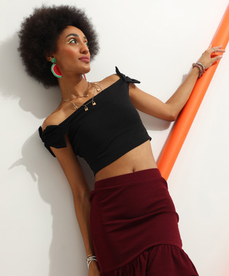 VICIA Casual Solid Women Black Top