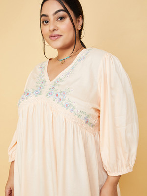 MAX Casual Embroidered Women Beige Top