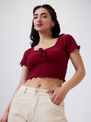 SZN Casual Solid Women Maroon Top