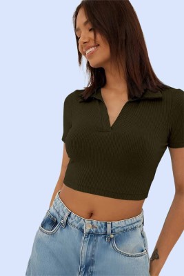 AOOSH Casual Solid Women Dark Green Top