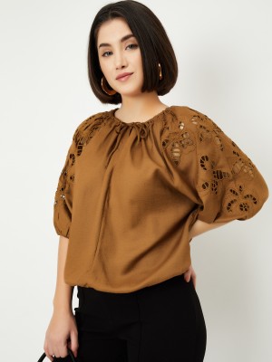 MAX Casual Solid Women Brown Top