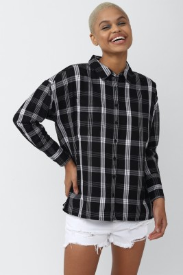 FOREVER 21 Women Checkered Casual Black Shirt