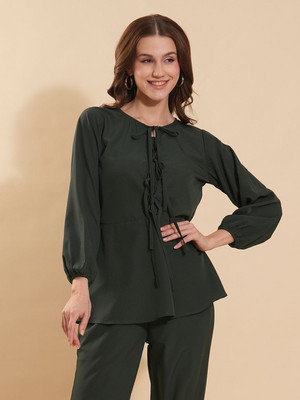 Dressberry Casual 3/4 Sleeve Solid Women Dark Green Top