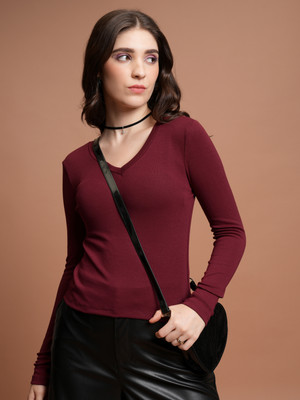 Tokyo Talkies Casual Solid Women Maroon Top