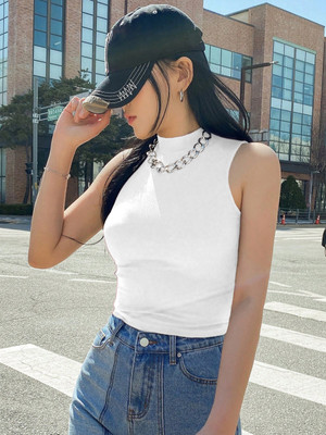 KOTTY Solid Women High Neck White T-Shirt