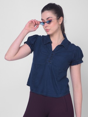 CRIMSOUNE CLUB Casual Solid Women Blue Top