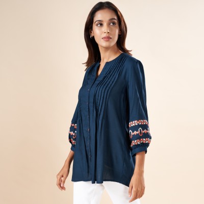 Akkriti by Pantaloons Casual Embroidered Women Dark Blue Top