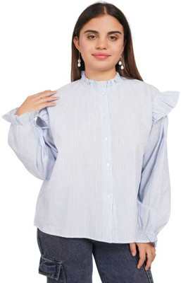 J S Clothing Casual Solid Women Blue Top