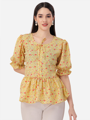 Flute Fashion Casual Floral Print Women Yellow Top