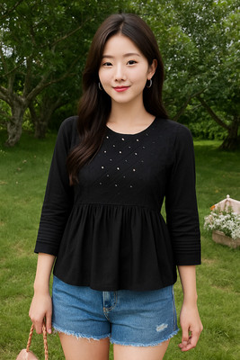 urban streetwear Casual Embroidered Women Black Top