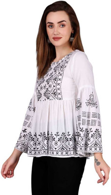 Meyara Casual Embroidered Women Beige Top
