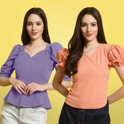 METRONAUT Casual Solid, Color Block Women Purple, Orange Top