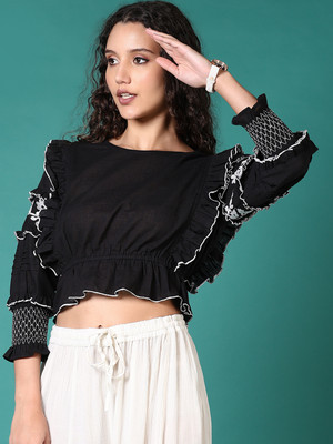V-MART Casual Self Design Women Black Top