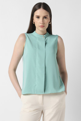 VAN HEUSEN Formal Solid Women Green Top