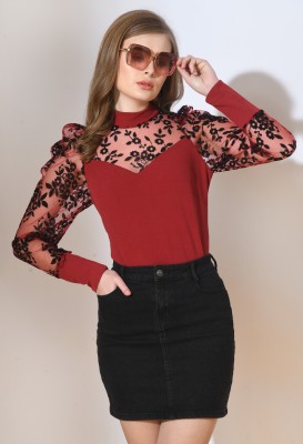 AROD Casual Solid, Floral Print Women Maroon Top