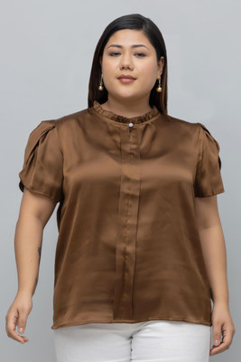 PURYS Casual Solid Women Brown Top