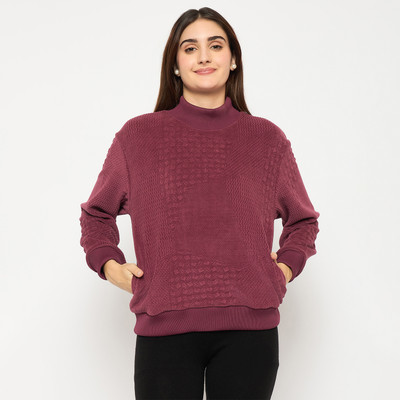MADAME Self Design High Neck Casual Women Maroon Sweater