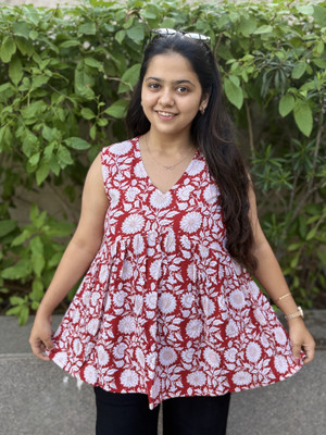 Boldnaari Casual Floral Print, Printed Women Red Top